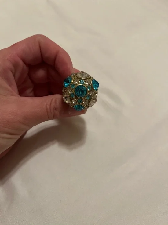 Gold-Tone Dome Ring with Turquoise and Clear Crystals - Picture 3 of 5